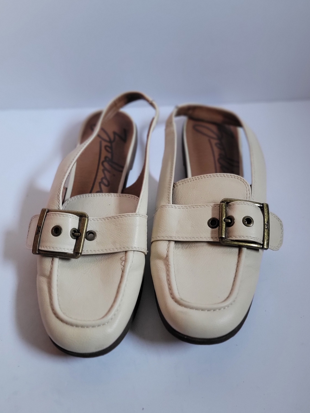 Zodiac Cream Slingback Loafers with Antique Buckle